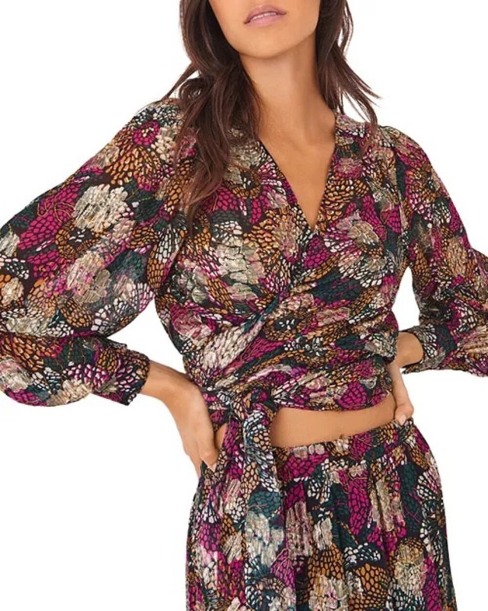 BA&SH Leia Printed Cropped Wrap Top - Emerald - Medium